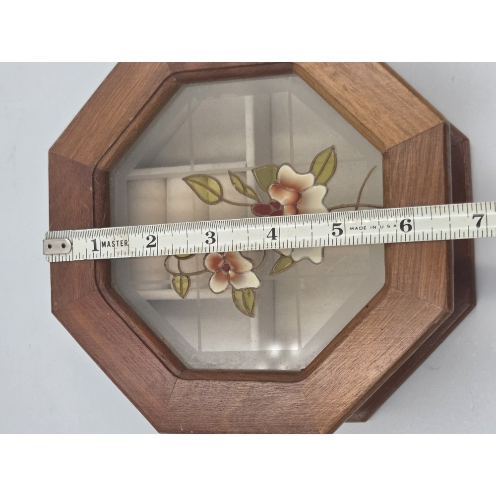 Vintage Wooden Jewelry Box With Flowers On Glass 6.5 in Octagon Lid. - Picture 7 of 10